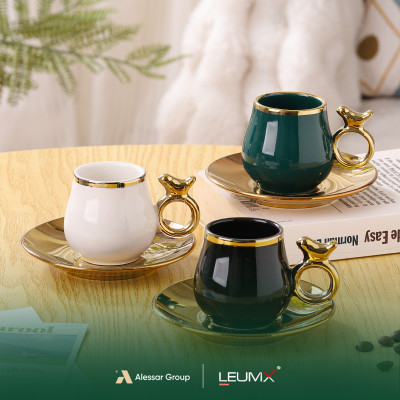 طقم أكواب وصحن مزيج من 3 أو 4 ألوان (أبيض + أسود + وردي + أخضر)