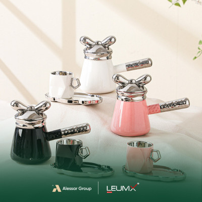 Kop en schotelset 14 stuks 6 kopjes + 6 schotels + 1 theepot Gloden/Sliver-wit + zwart + roze