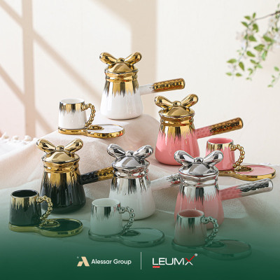 Tassen- und Untertassen-Set, 14-teilig, 6 Tassen + 6 Untertassen + 1 Teekanne, Gold/Silber-Weiß + Schwarz + Rosa