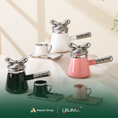 طقم أكواب وصحون 14 قطعة 6 أكواب + 6 صحون + إبريق شاي ذهبي/فضي-أبيض+أسود+وردي