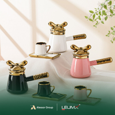 Tassen- und Untertassen-Set, 14-teilig, 6 Tassen + 6 Untertassen + 1 Teekanne, Gold/Silber-Weiß + Schwarz + Rosa