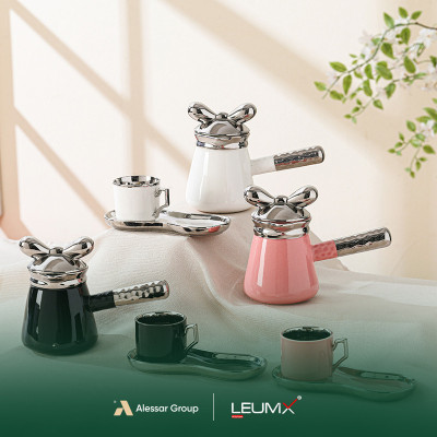 Tassen- und Untertassen-Set, 14-teilig, 6 Tassen + 6 Untertassen + 1 Teekanne, Gold/Silber-Weiß + Schwarz + Rosa