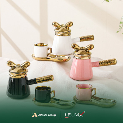 Tassen- und Untertassen-Set, 14-teilig, 6 Tassen + 6 Untertassen + 1 Teekanne, Gold/Silber-Weiß + Schwarz + Rosa