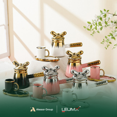 Tassen- und Untertassen-Set, 14-teilig, 6 Tassen + 6 Untertassen + 1 Teekanne, Gold/Silber-Weiß + Schwarz + Rosa