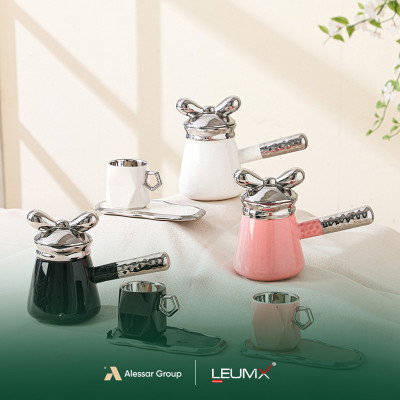 Tassen- und Untertassen-Set, 14-teilig, 6 Tassen + 6 Untertassen + 1 Teekanne, Gold/Silber-Weiß + Schwarz + Rosa