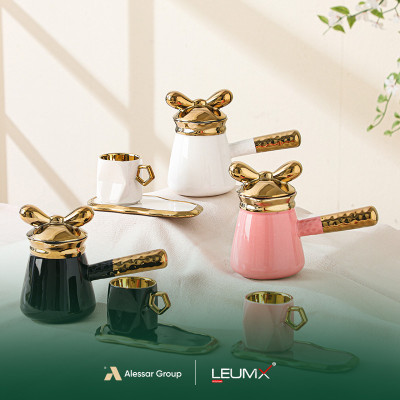 Tassen- und Untertassen-Set, 14-teilig, 6 Tassen + 6 Untertassen + 1 Teekanne, Gold/Silber-Weiß + Schwarz + Rosa