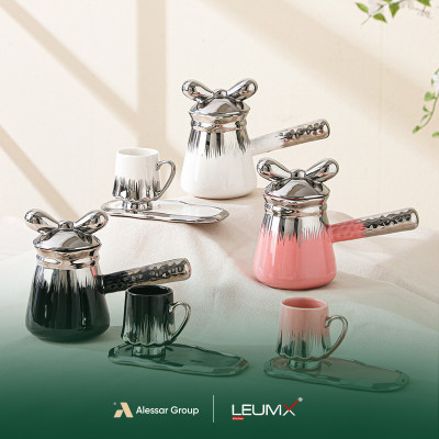 Tassen- und Untertassen-Set, 14-teilig, 6 Tassen + 6 Untertassen + 1 Teekanne, Gold/Silber-Weiß + Schwarz + Rosa