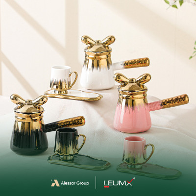 طقم أكواب وصحون 14 قطعة 6 أكواب + 6 صحون + إبريق شاي ذهبي/فضي-أبيض+أسود+وردي