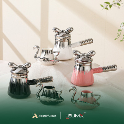 Tassen- und Untertassen-Set, 14-teilig, 6 Tassen + 6 Untertassen + 1 Teekanne, Gold/Silber-Weiß + Schwarz + Rosa