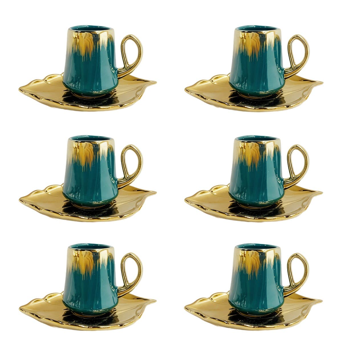 Coffee Cup Set 6+6 — Teal & Gold · Leaf Saucer — RLE10 · Drinkware