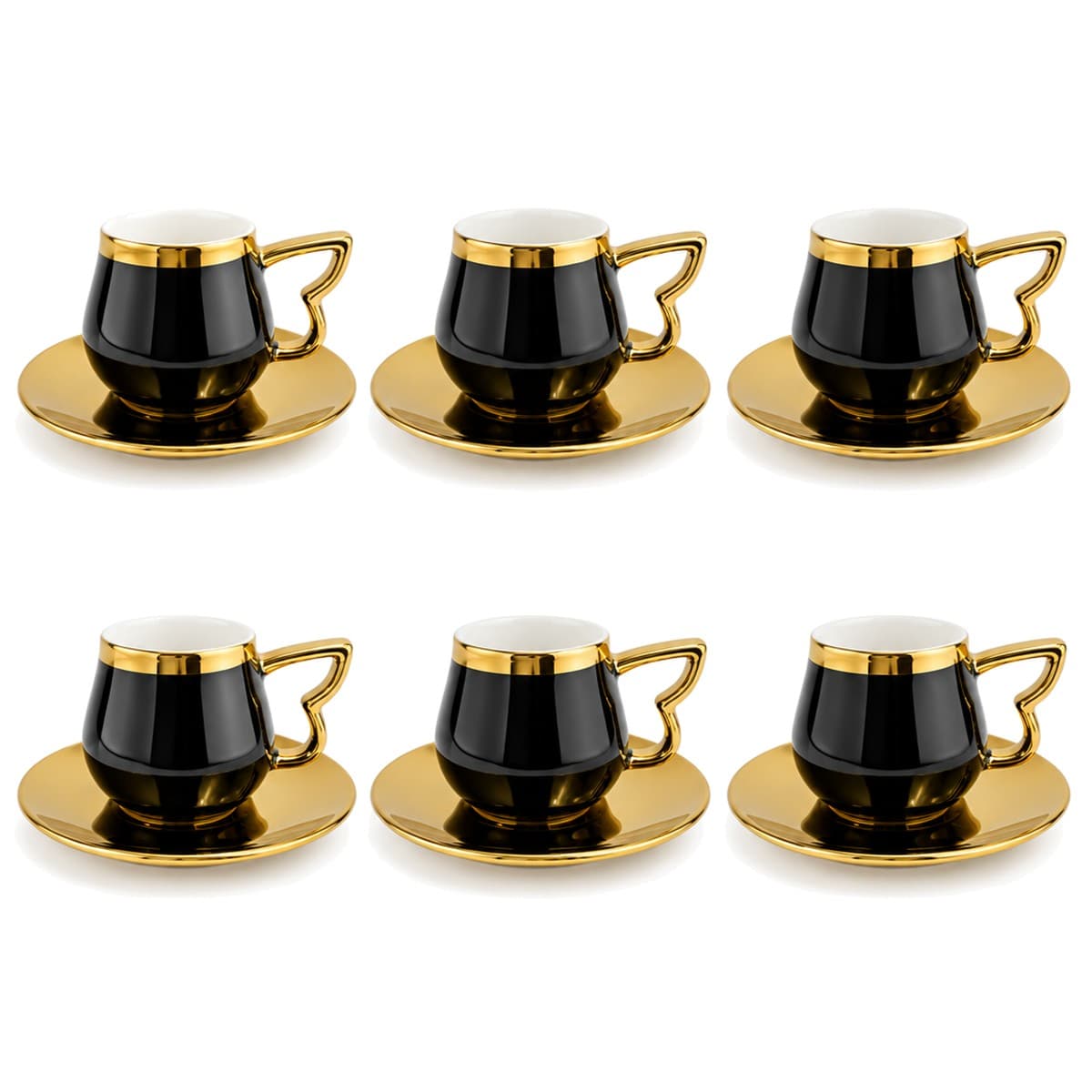 Coffee Cup Set 6+6 — Black & Gold · Wing Handle — RLE12 · Drinkware