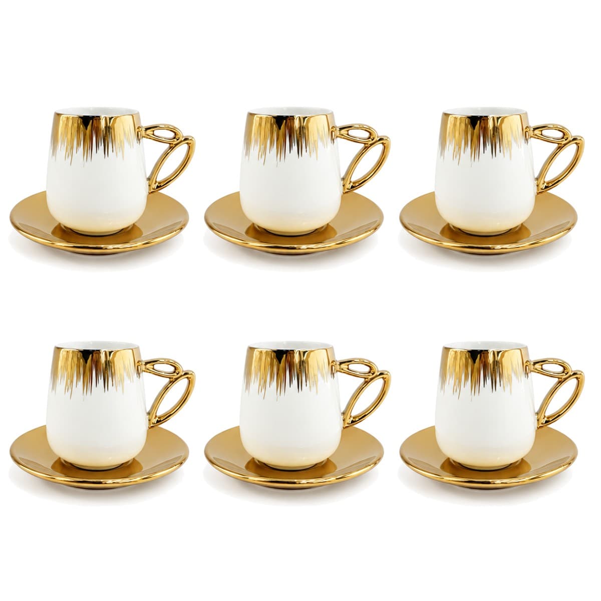 Coffee Cup Set 6+6 — White & Gold Drip — RLE13 · Drinkware