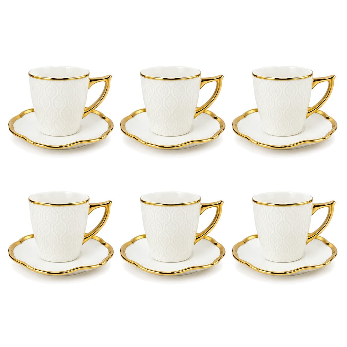 Coffee Cup Set 6+6 — White Embossed · Gold Rim — RLE27 · Drinkware