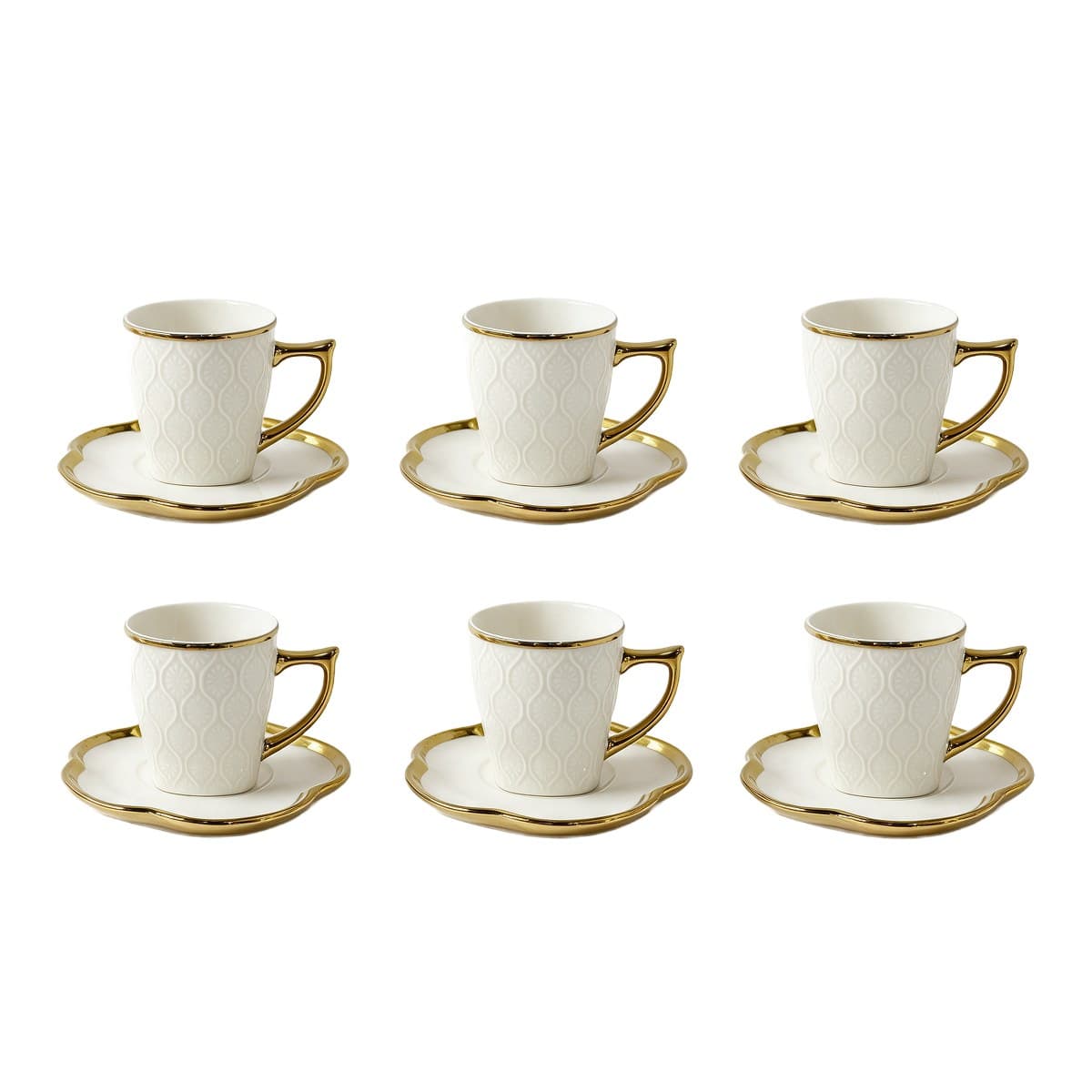 Coffee Cup Set 6+6 — White Embossed · Gold Rim — RLE27 · Drinkware
