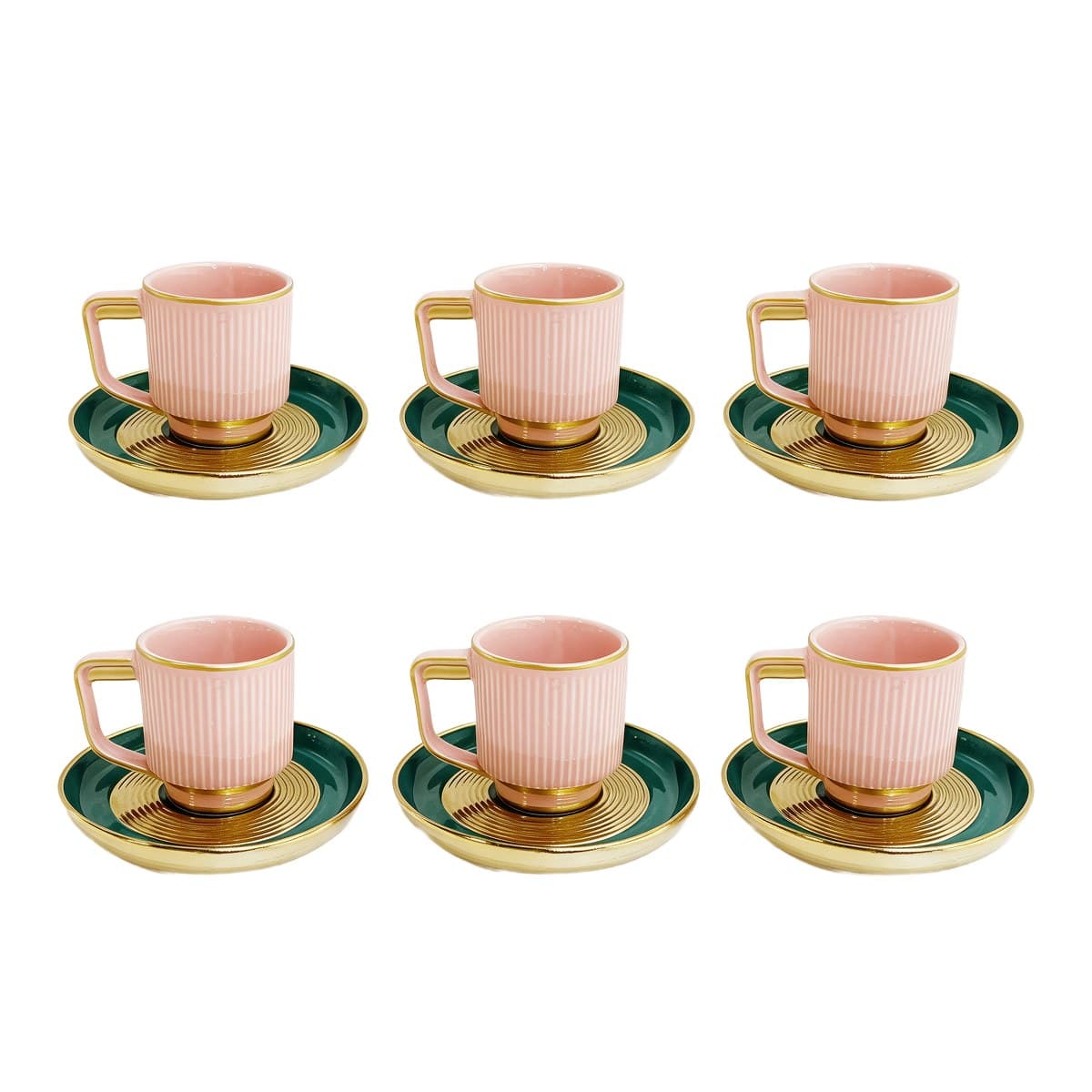 Coffee Cup Set 6+6 — Pink Ribbed · Green & Gold Saucer — RLE30 · Drinkware