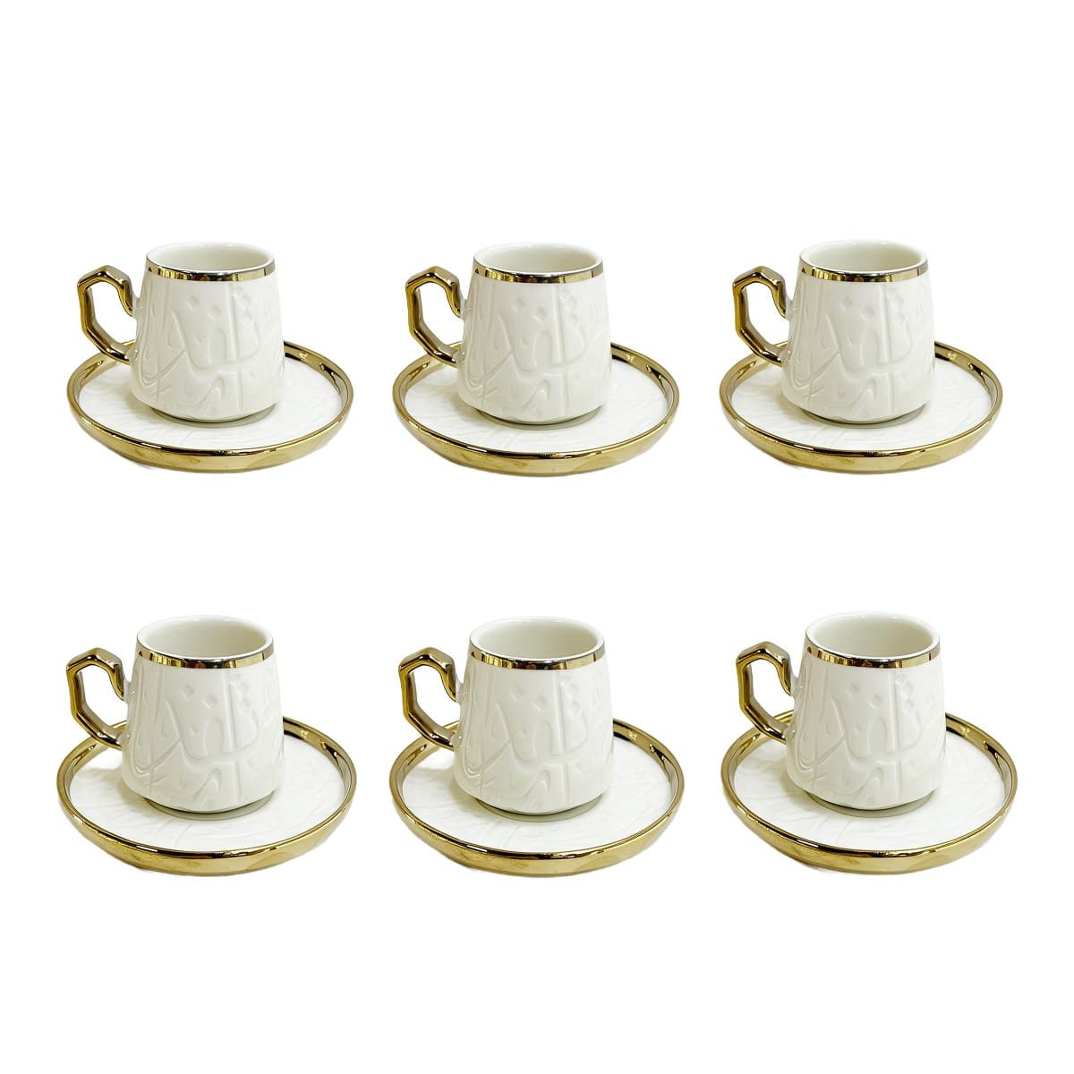 Coffee Cup Set 6+6 — White Embossed · Gold Handle — RLE32 · Drinkware