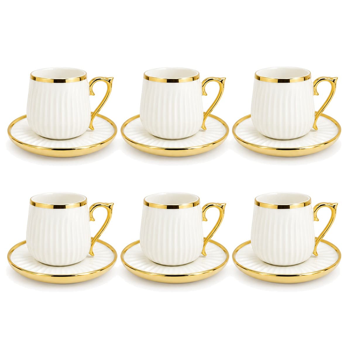 Coffee Cup Set 6+6 — White Ribbed · Gold Rim — RLE33 · Drinkware
