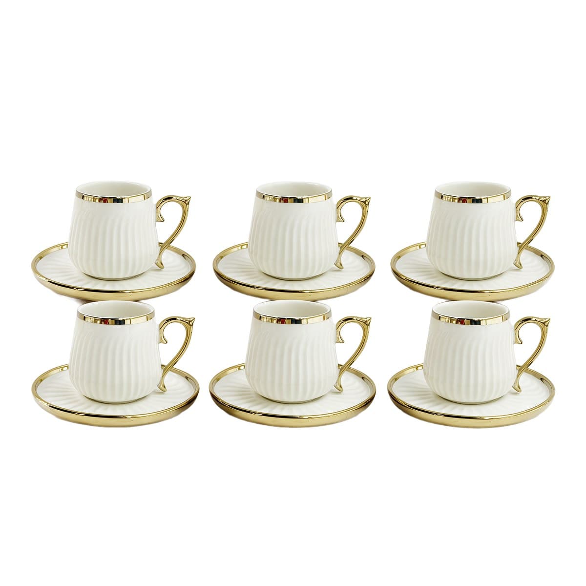 Coffee Cup Set 6+6 — White Ribbed · Gold Rim — RLE33 · Drinkware