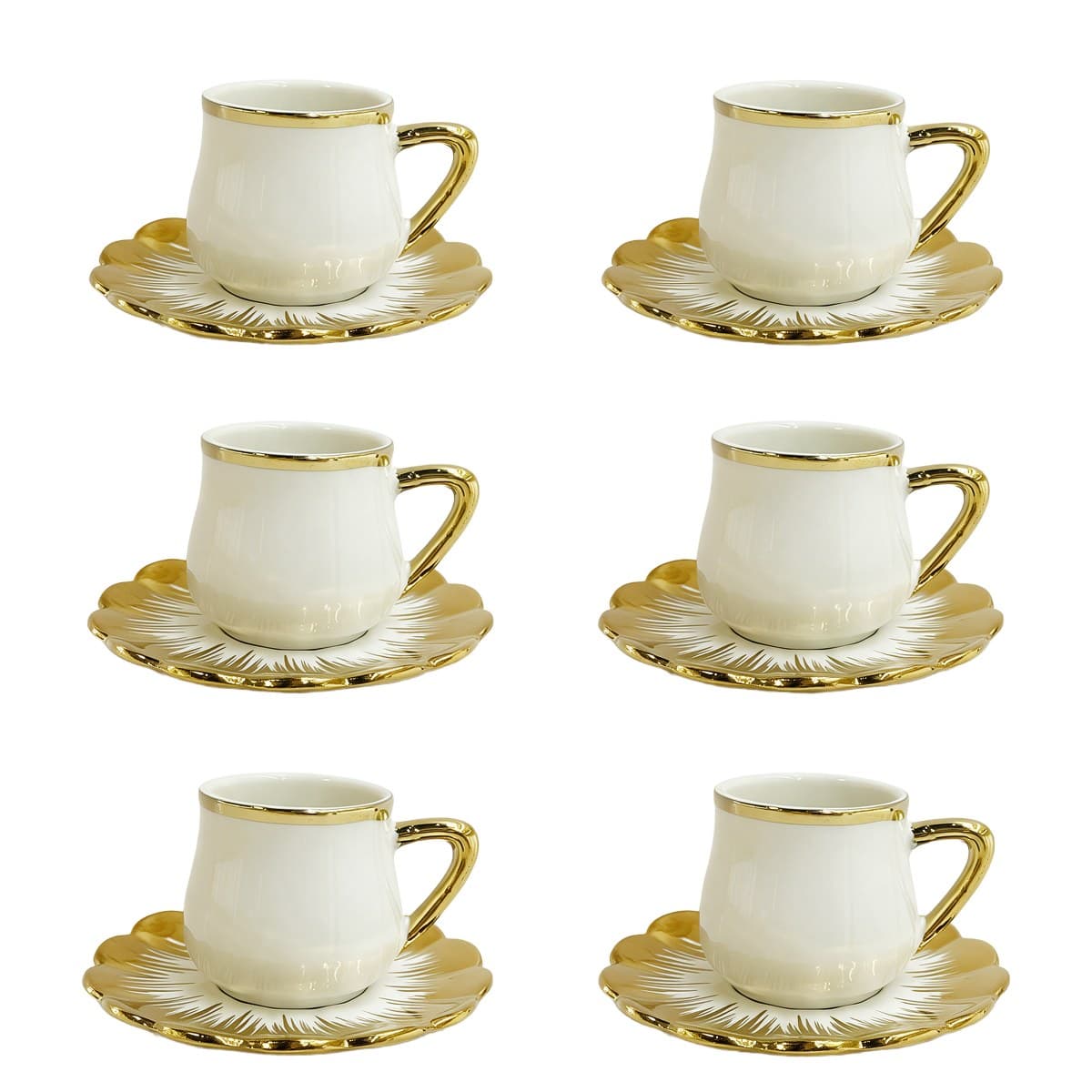 Coffee Cup Set 6+6 — White · Gold Sunburst Saucer — RLE34 · Drinkware