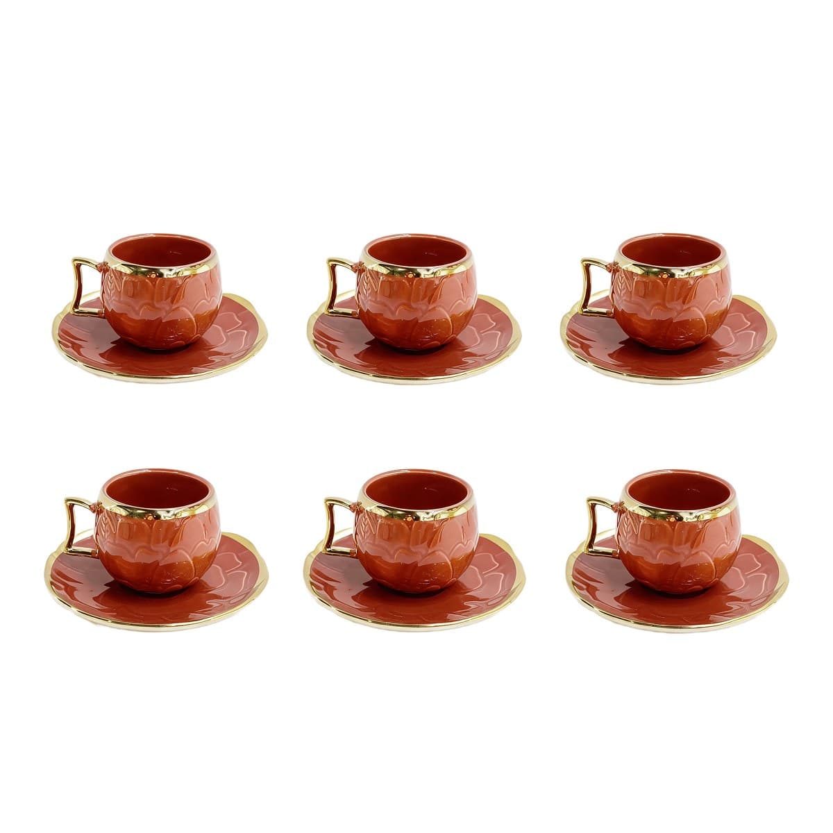 Coffee Cup Set 6+6 — Red · Gold Rim — RLE35 · Drinkware