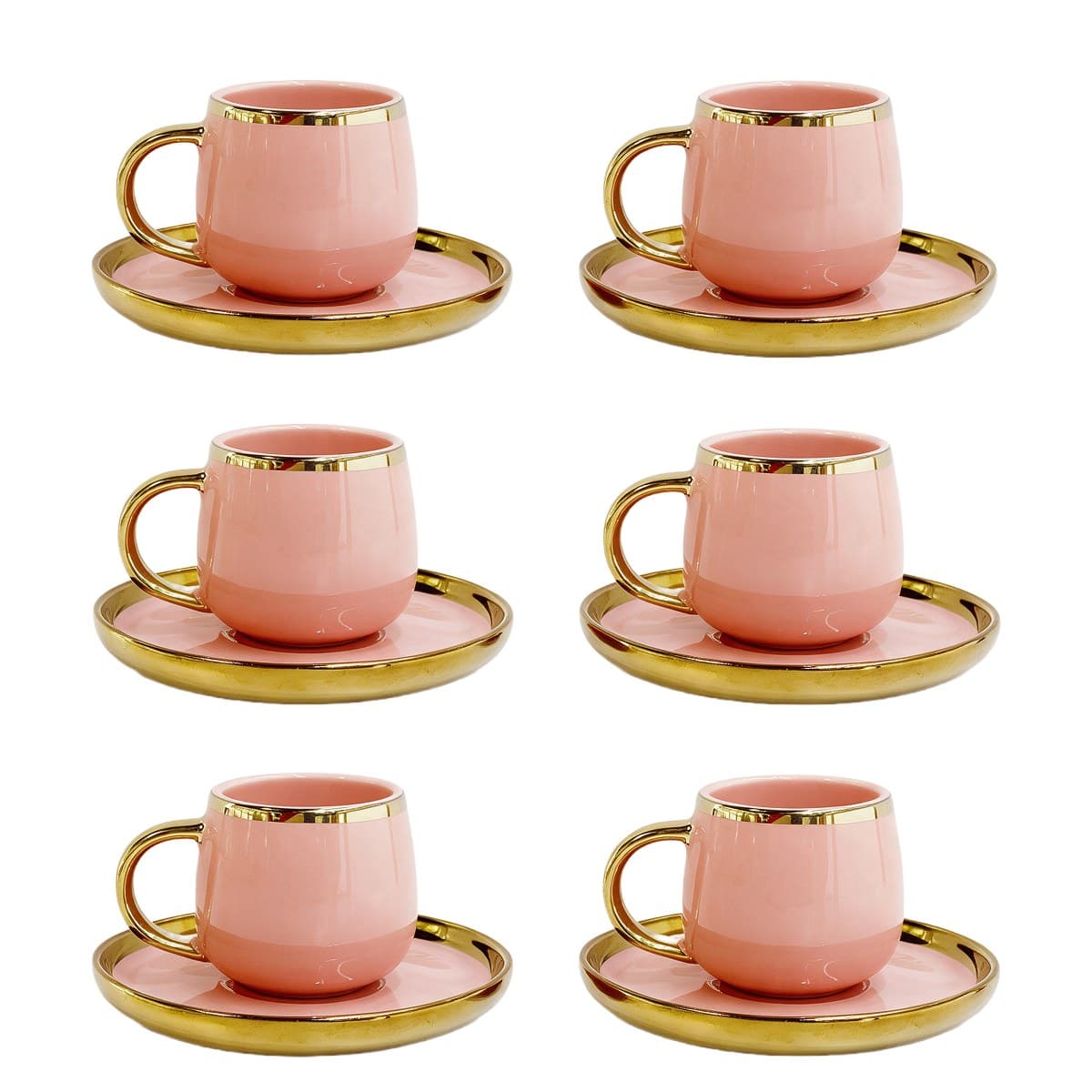 Coffee Cup Set 6+6 — Pink · Gold Rim — RLE36 · Drinkware