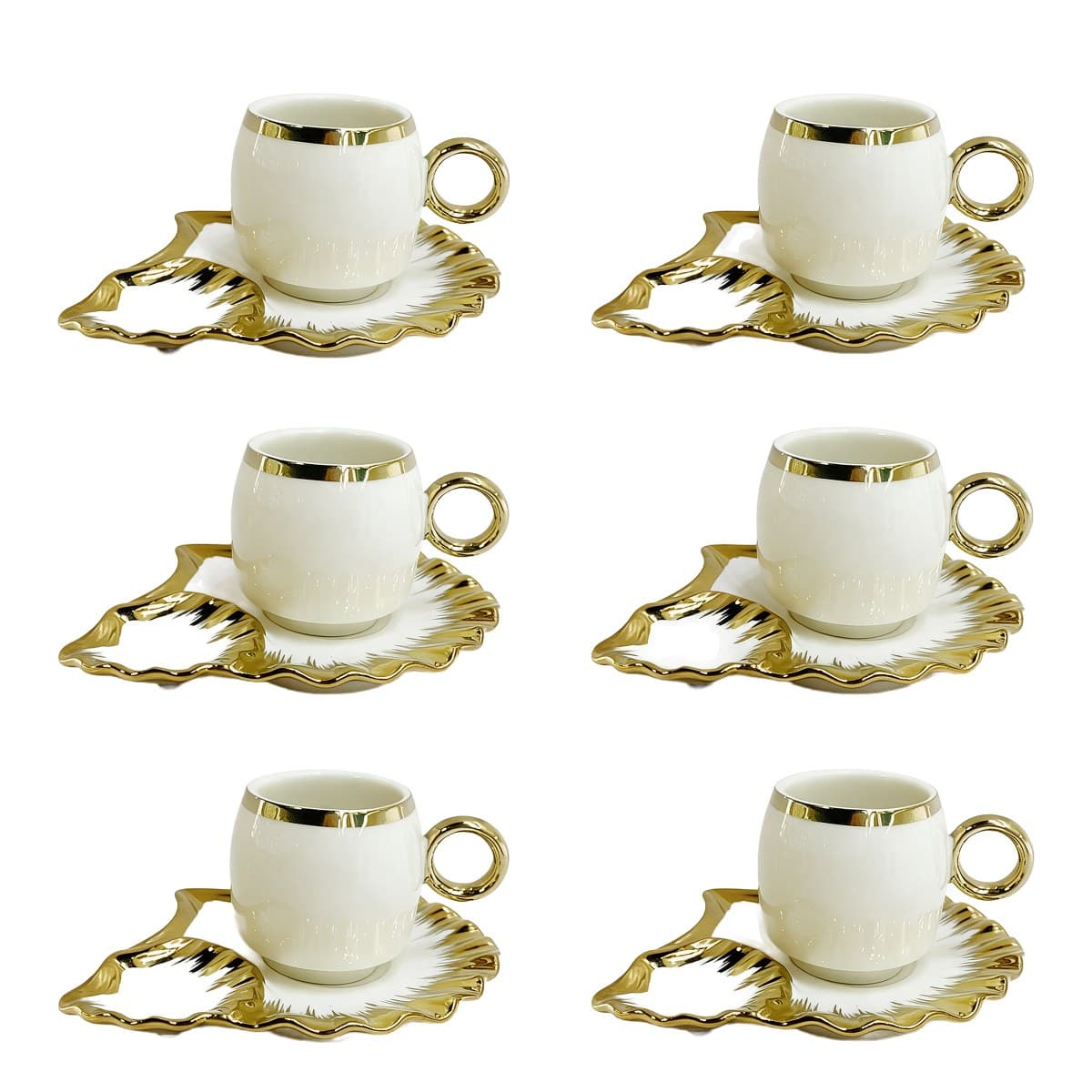 Coffee Cup Set 6+6 — White · Gold Leaf Saucer — RLE37 · Drinkware