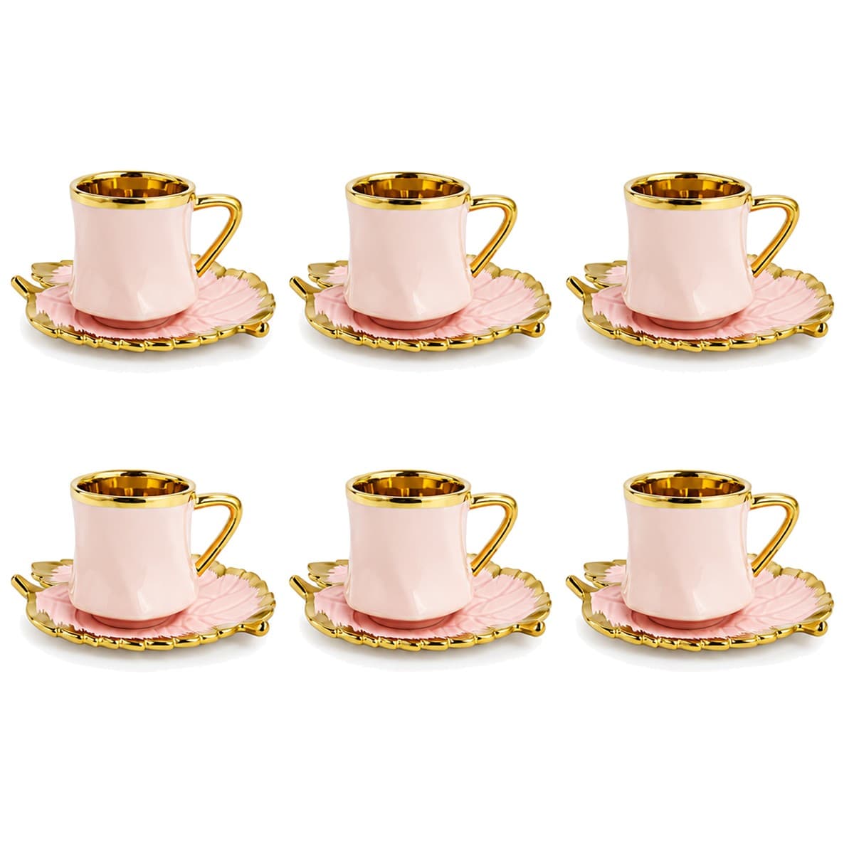 Coffee Cup Set 6+6 — Pink & Gold · Leaf Saucer — RLE39 · Drinkware