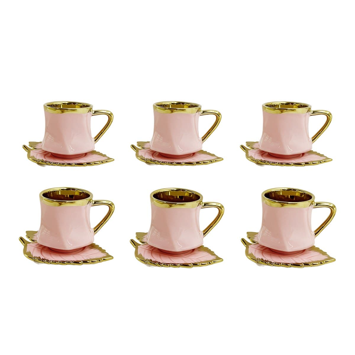 Coffee Cup Set 6+6 — Pink & Gold · Leaf Saucer — RLE39 · Drinkware