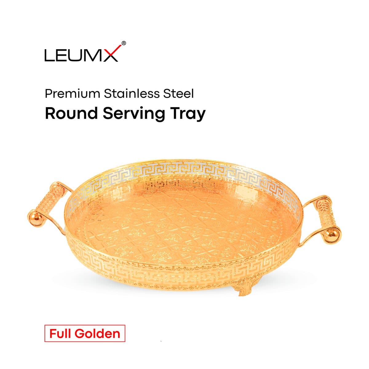 Round Serving Tray with Handles & Greek-Key Rim — Gold — AG-TR03 · Coming soon