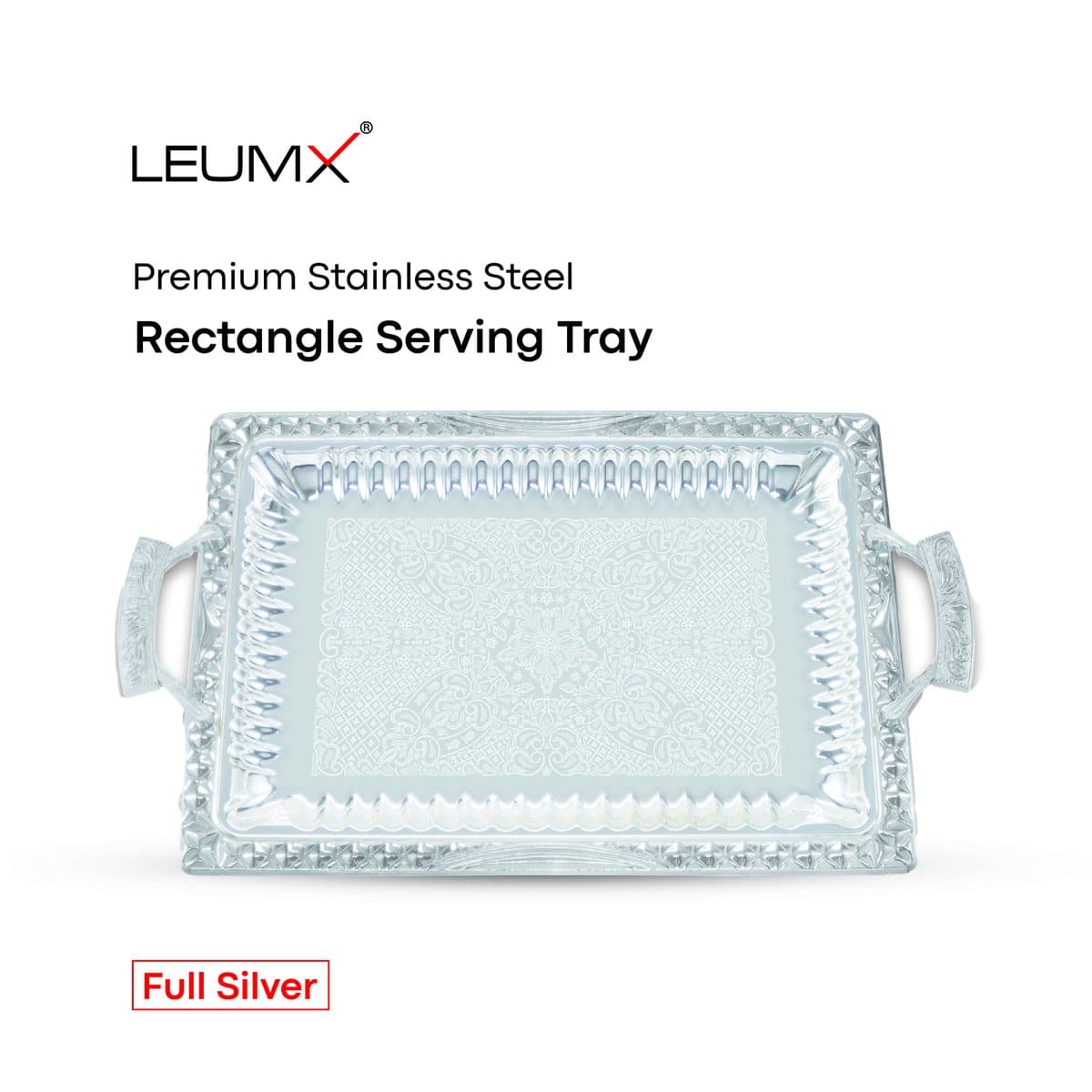 Rectangular Serving Tray with Handles & Ornate Border — Silver — AG-TR05 · In arrivo