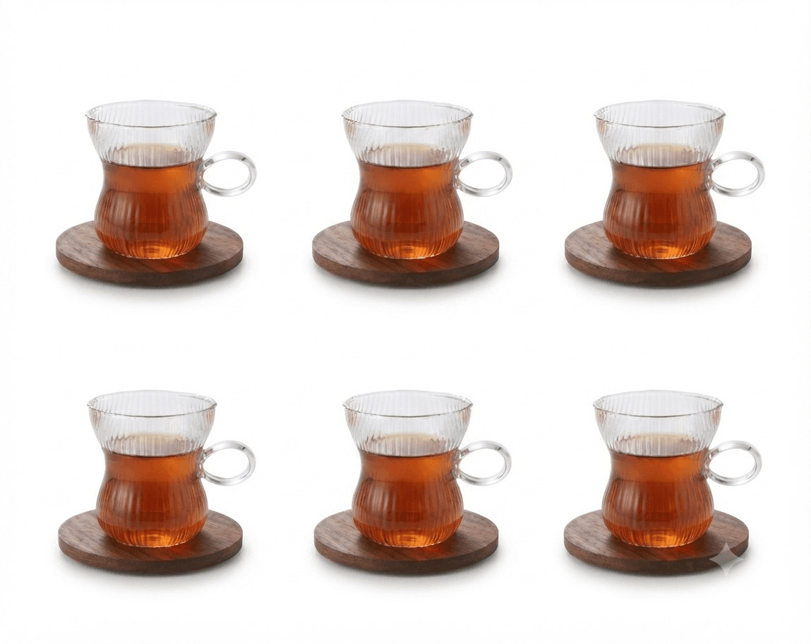 Tea glasses with wooden base 6+6 · Drinkware
