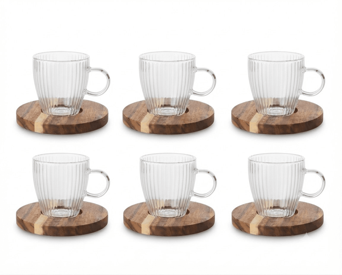 Tea glasses with wooden base 6+6 · Drinkware