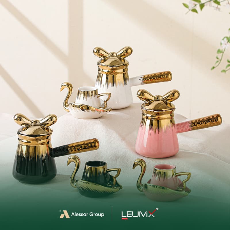 Cup & saucer set 14 pcs 6cup+6saucer+1tea pot golden/silver-white+black+pink · Drinkware