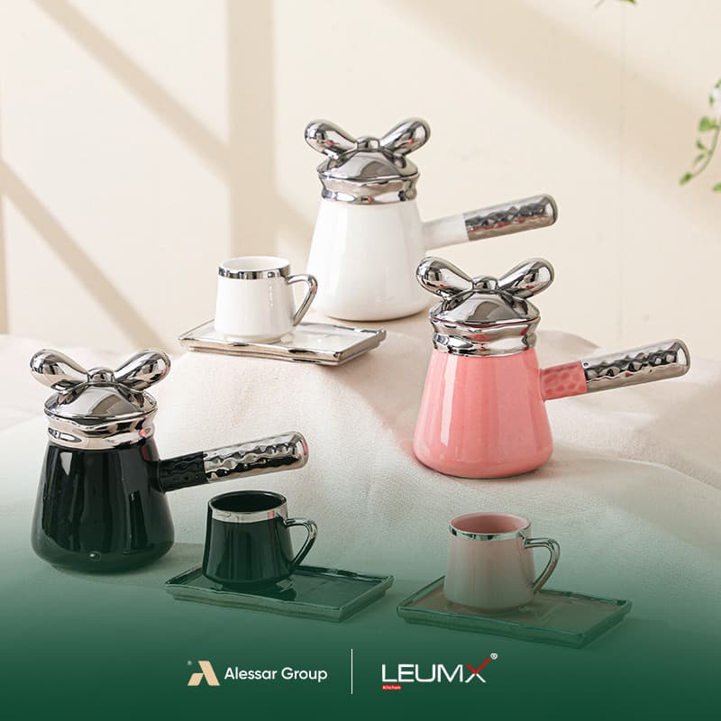 Cup & saucer set 14 pcs 6cup+6saucer+1tea pot golden/silver-white+black+pink · Drinkware