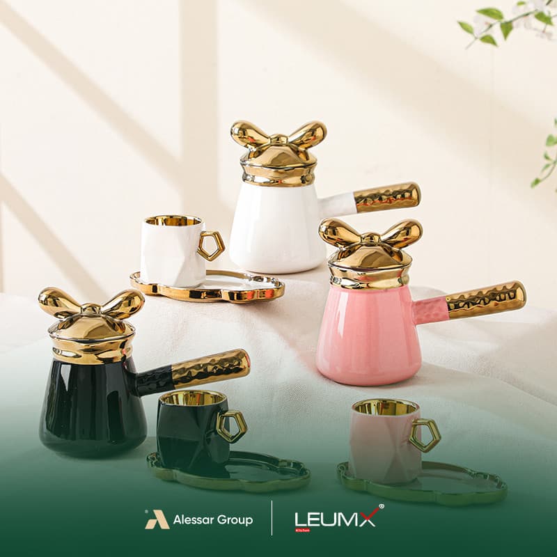 Cup & saucer set 14 pcs 6cup+6saucer+1tea pot golden/silver-white+black+pink · Drinkware