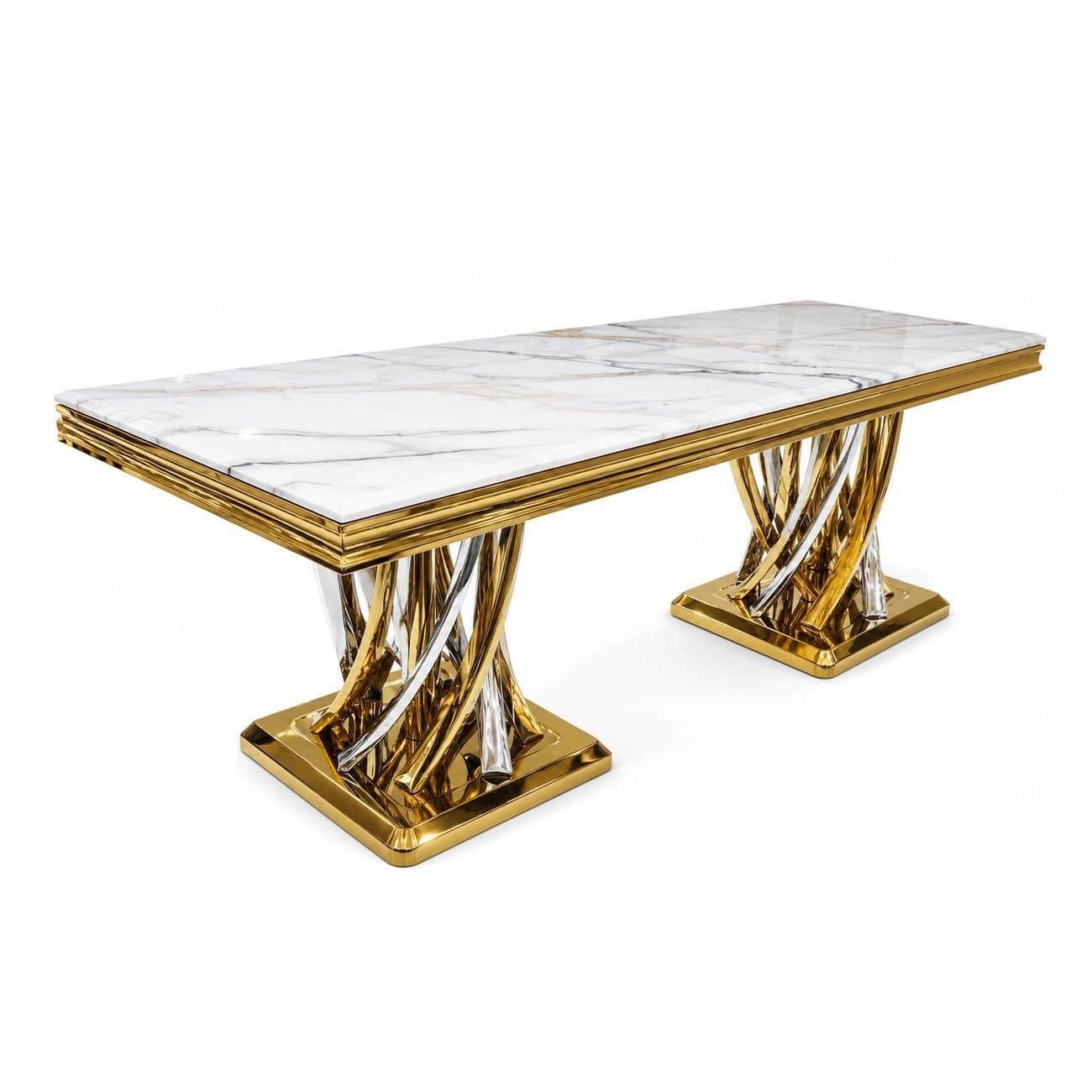 Dining Table 180×90 — White Marble, Gold & Silver Twist Base — F8036-1 · Furniture