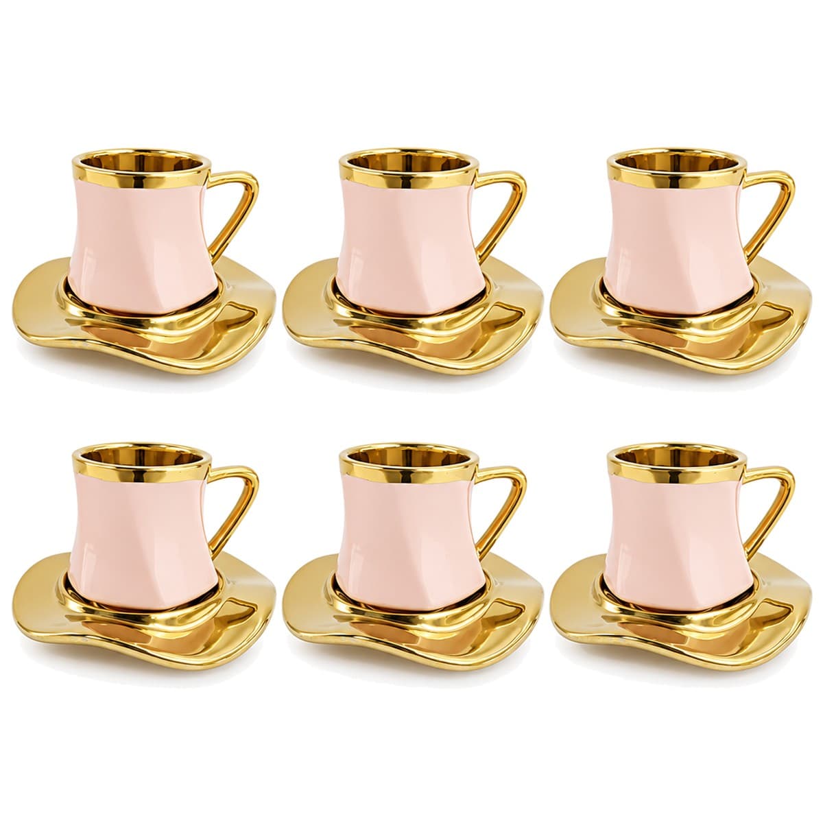 Coffee Cup Set 6+6 — Pink · Gold Wave Saucer — RLE05 · Drinkware