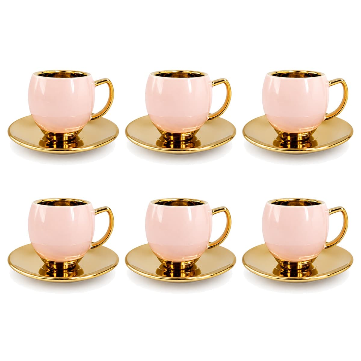 Coffee Cup Set 6+6 — Pink · Gold Saucer — RLE06 · Drinkware