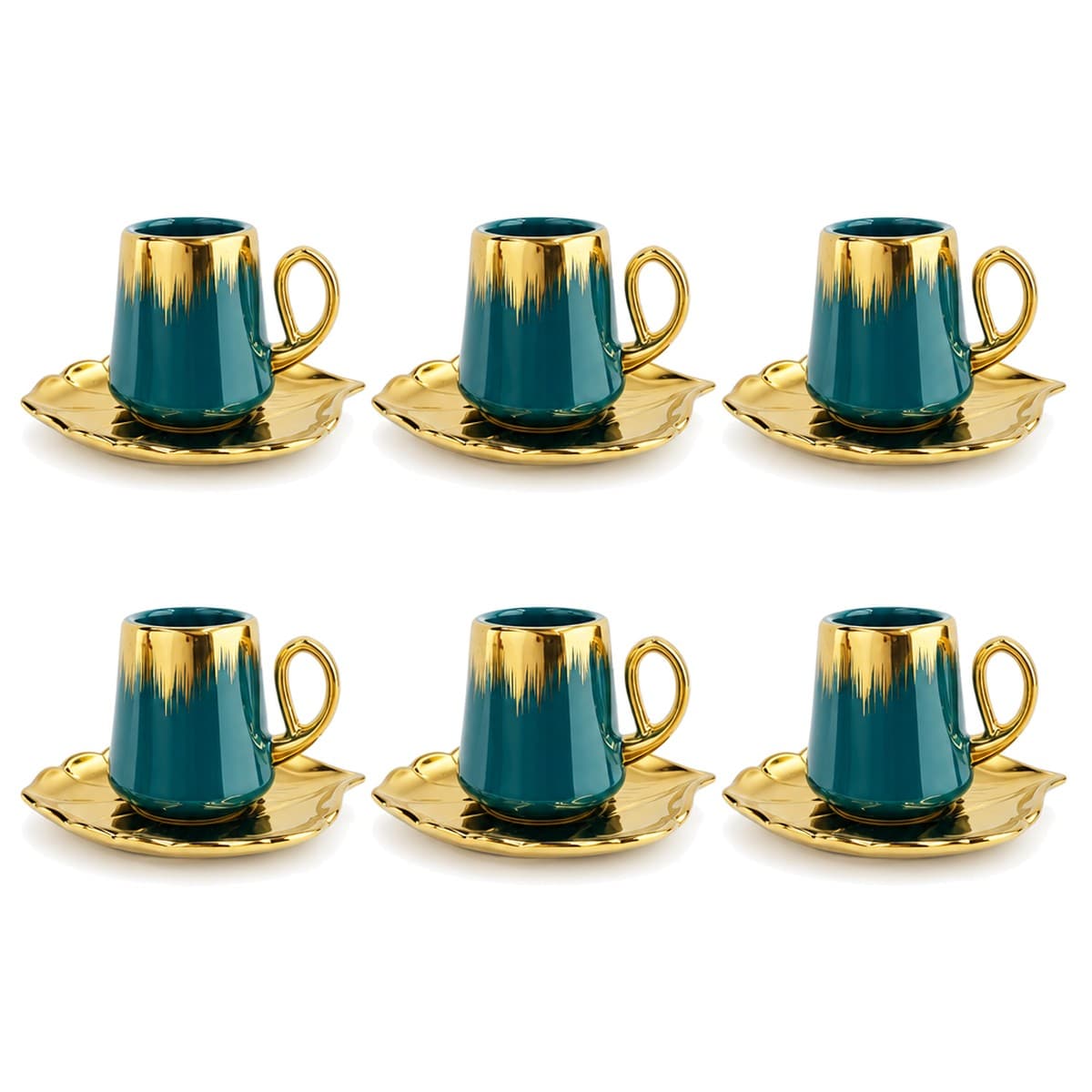 Coffee Cup Set 6+6 — Teal & Gold · Leaf Saucer — RLE10 · Drinkware