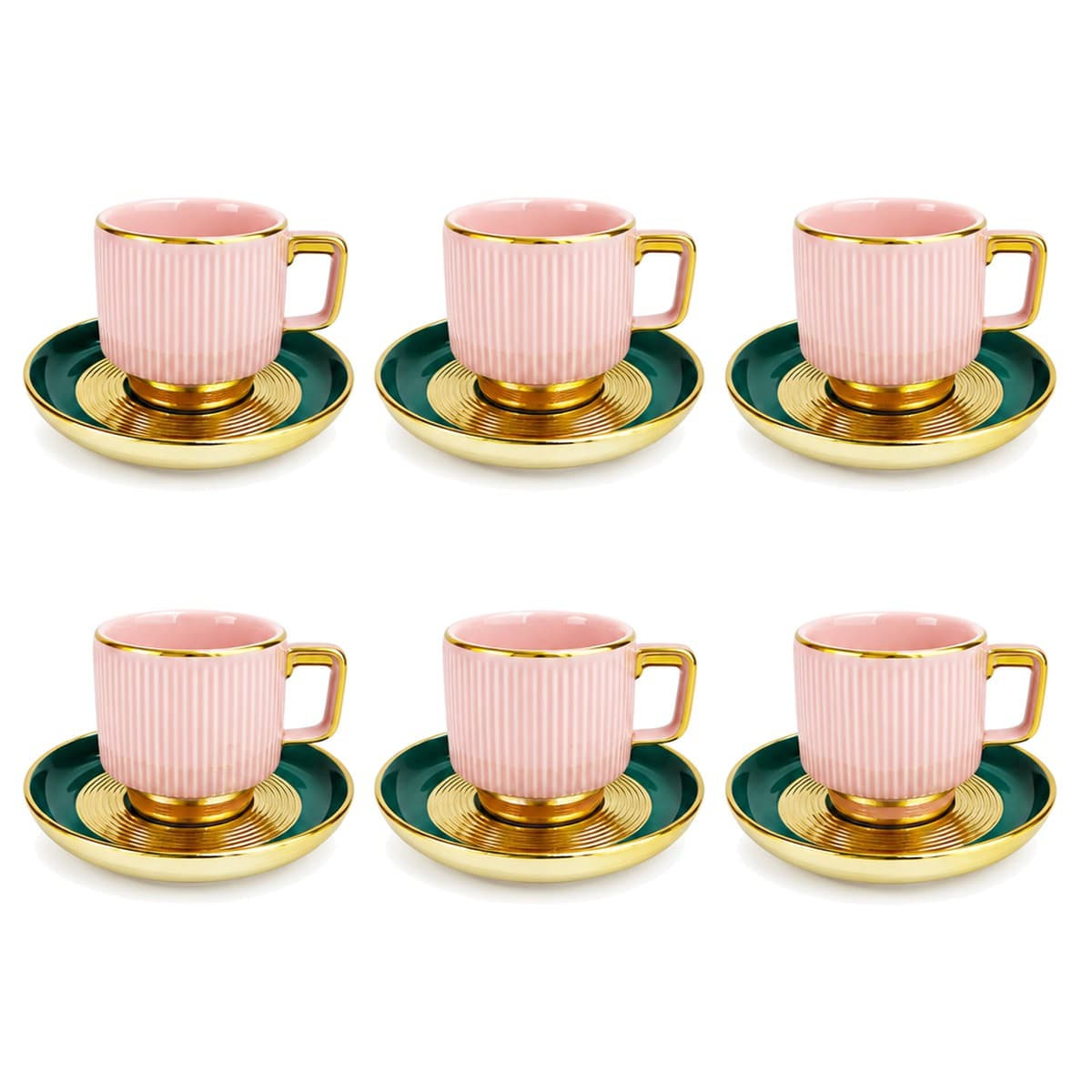 Coffee Cup Set 6+6 — Pink Ribbed · Green & Gold Saucer — RLE30 · Drinkware