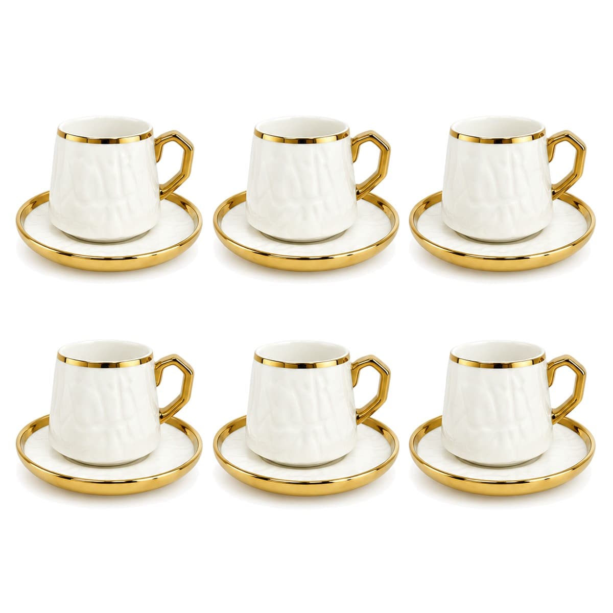 Coffee Cup Set 6+6 — White Embossed · Gold Handle — RLE32 · Drinkware