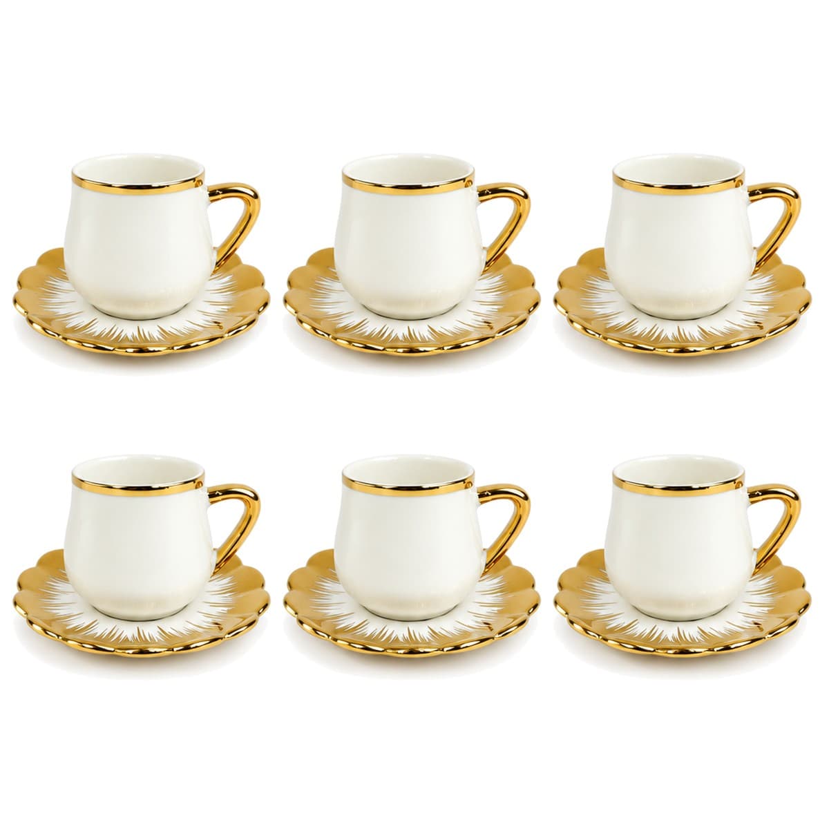 Coffee Cup Set 6+6 — White · Gold Sunburst Saucer — RLE34 · Drinkware