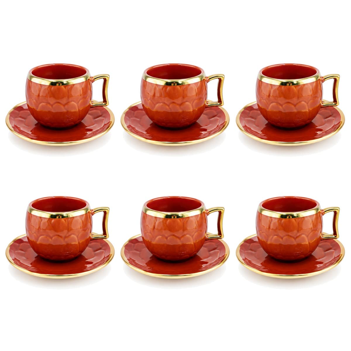 Coffee Cup Set 6+6 — Red · Gold Rim — RLE35 · Drinkware