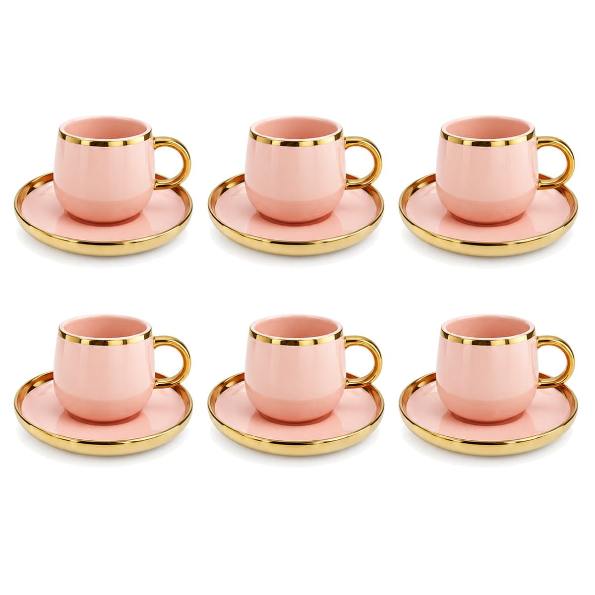 Coffee Cup Set 6+6 — Pink · Gold Rim — RLE36 · Drinkware