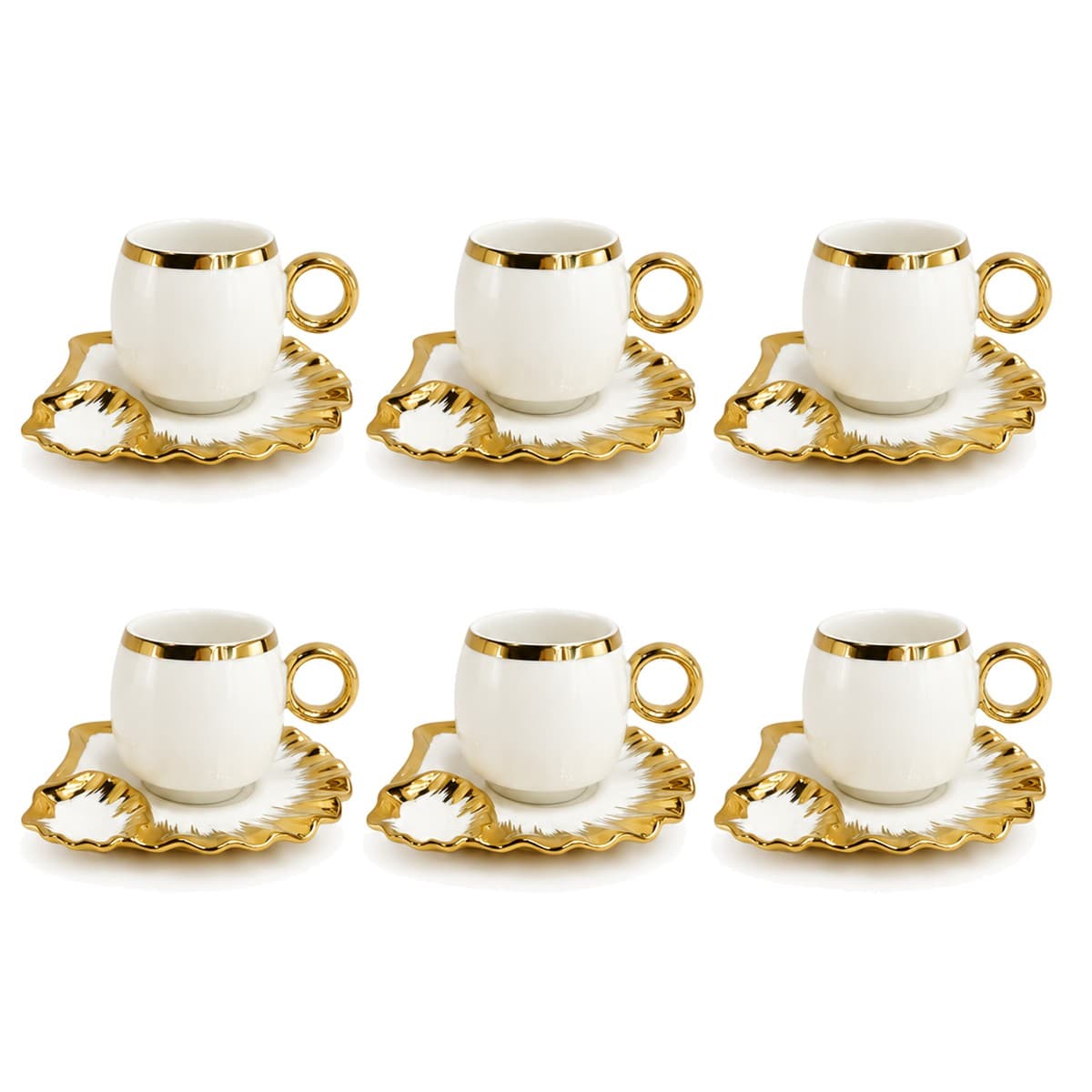 Coffee Cup Set 6+6 — White · Gold Leaf Saucer — RLE37 · Drinkware