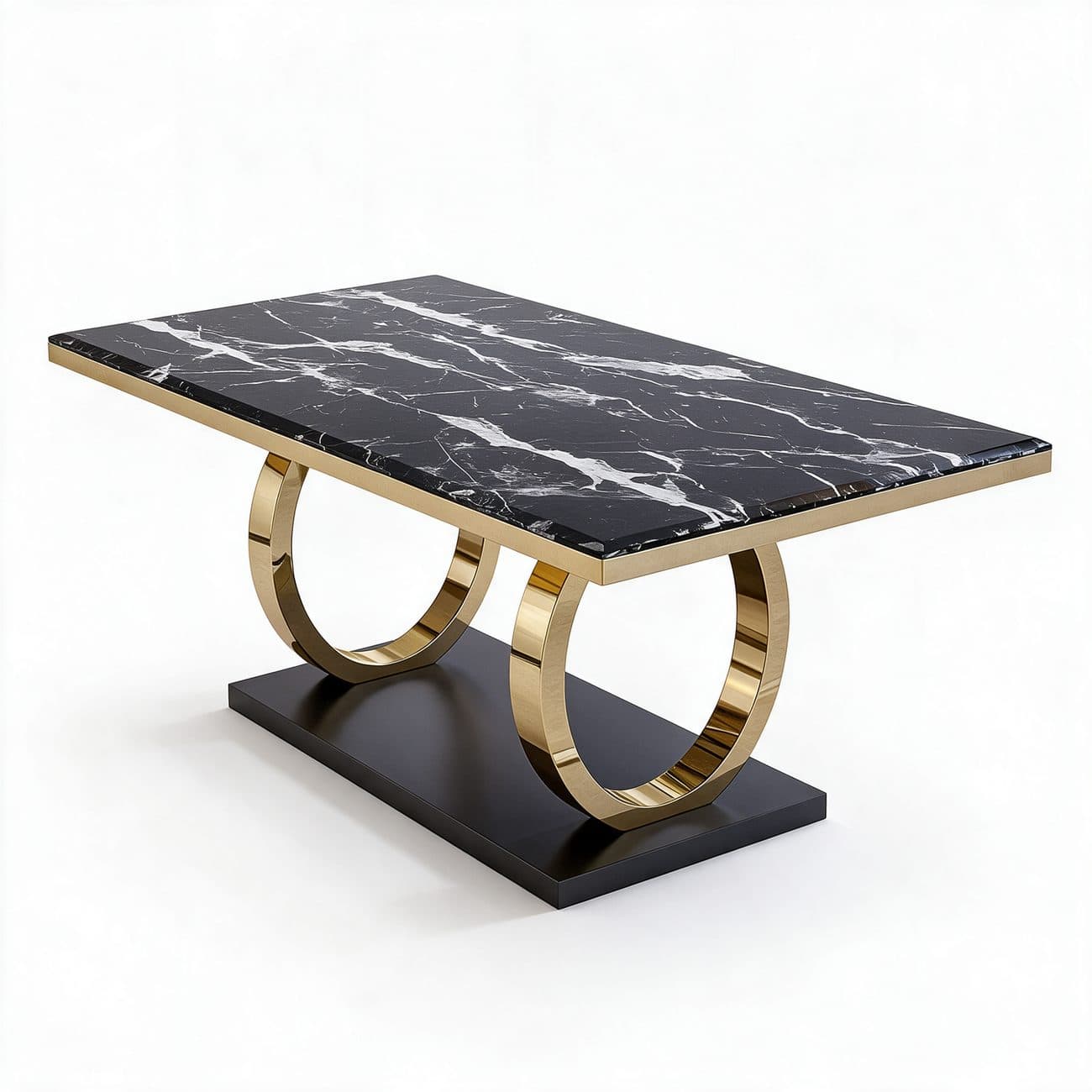 Esstisch 180×90 — schwarzer Marmor, Goldringe — T700T · Möbel