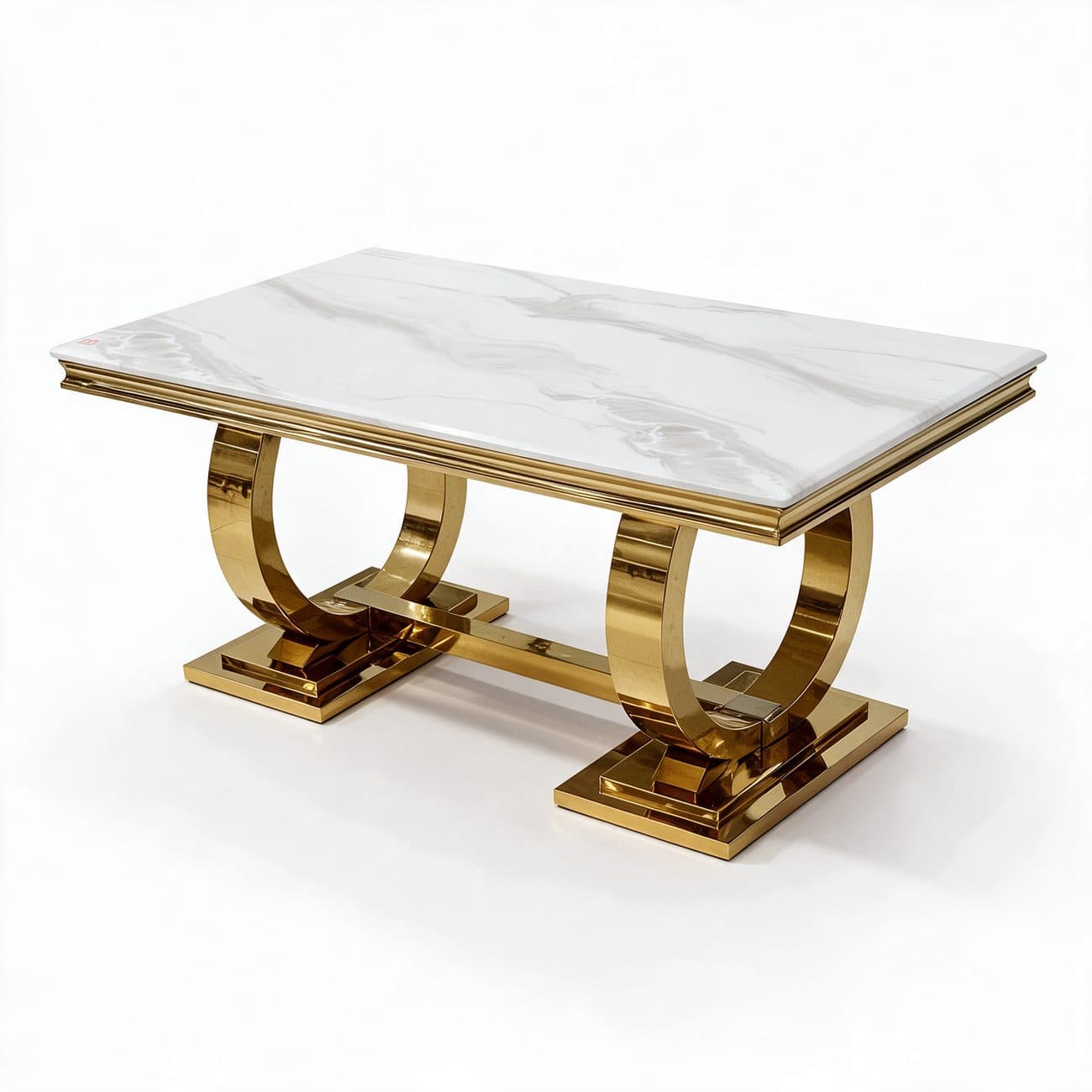 Esstisch 180×90 — weißer Marmor, goldene Doppelringe — T710 · Möbel